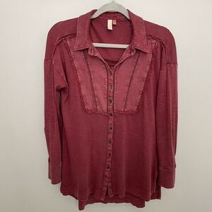 Pilcro Boho Peasant Top Women's XS Long Roll Tab Sleeve Ladder Stitch Trim Red